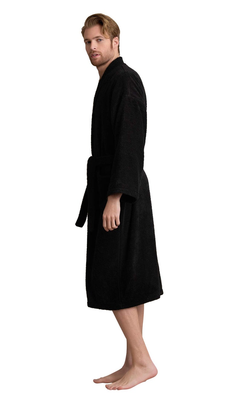 Soft Touch Linen - Turkish Terry Kimono Style Bathrobe - 100% Pure Turkish Cotton - Made in Turkey (Black, Medium) - Image 4